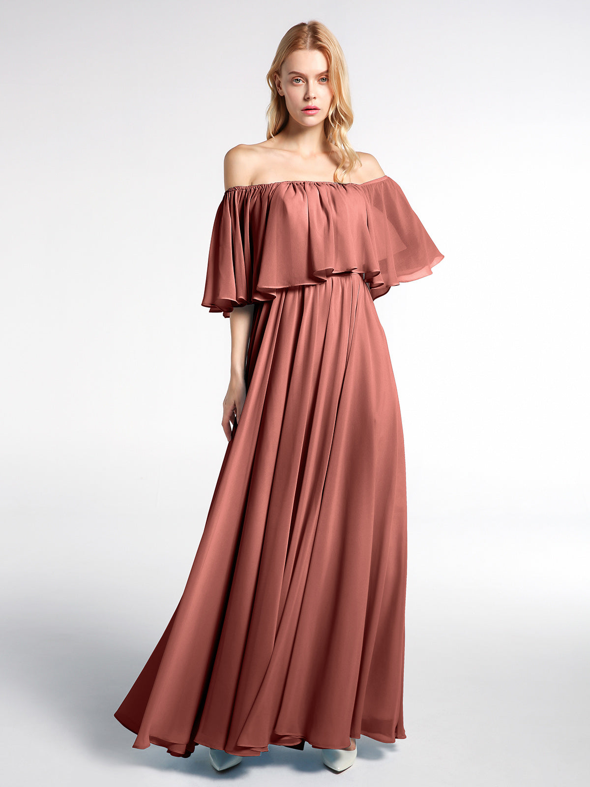 Vestido maxi de chiffon con hombros descubiertos y volantes Terracota