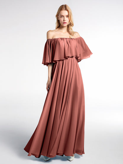 Vestido maxi de chiffon con hombros descubiertos y volantes Terracota Tallas Grandes