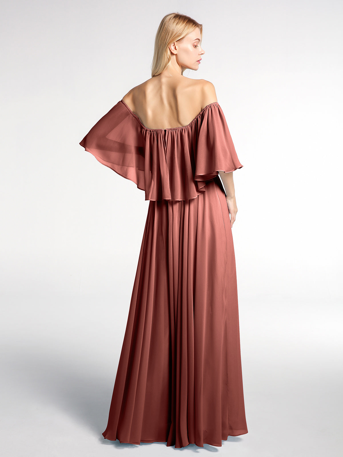 Vestido maxi de chiffon con hombros descubiertos y volantes Terracota