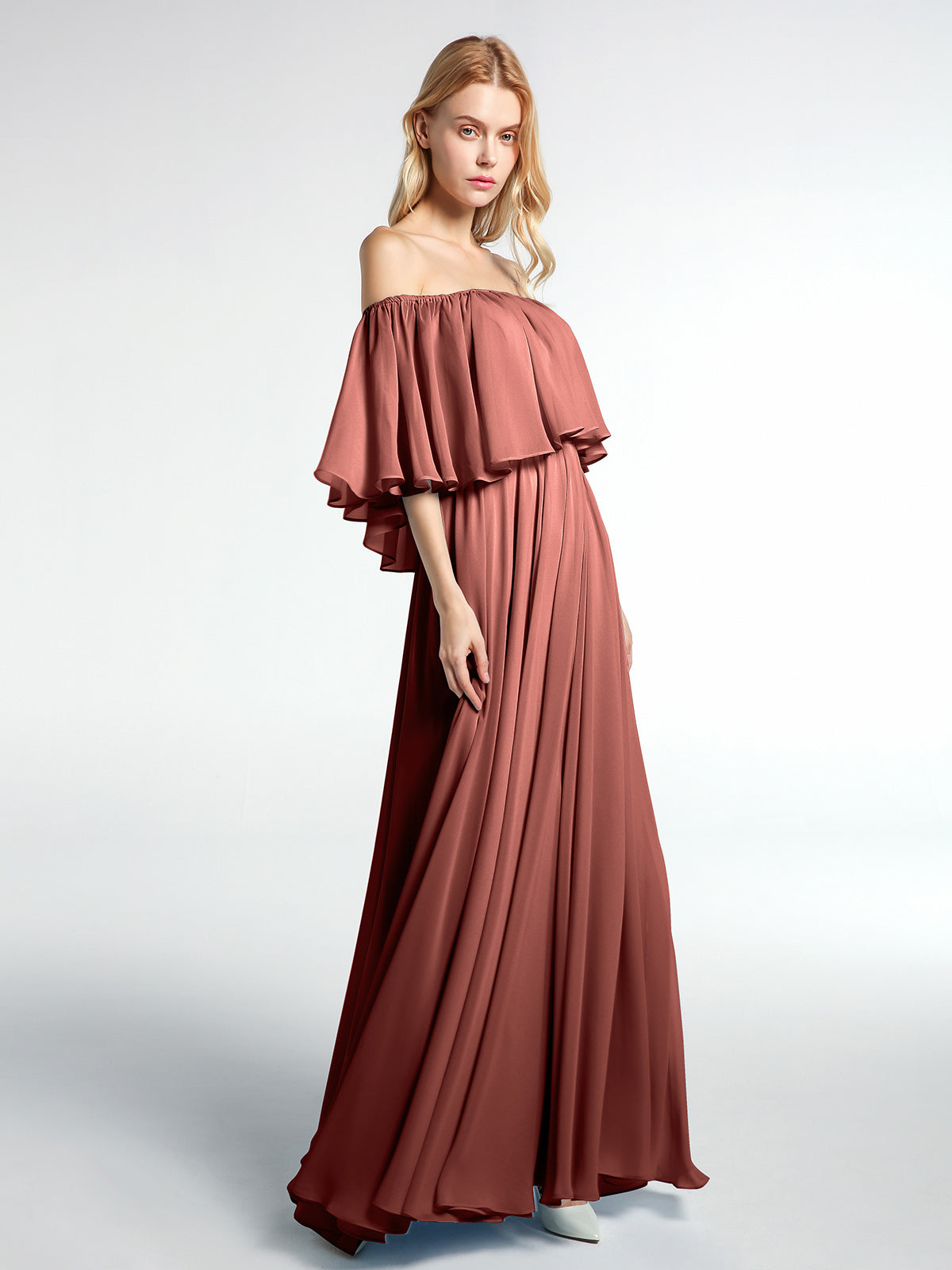 Vestido maxi de chiffon con hombros descubiertos y volantes Terracota Tallas Grandes