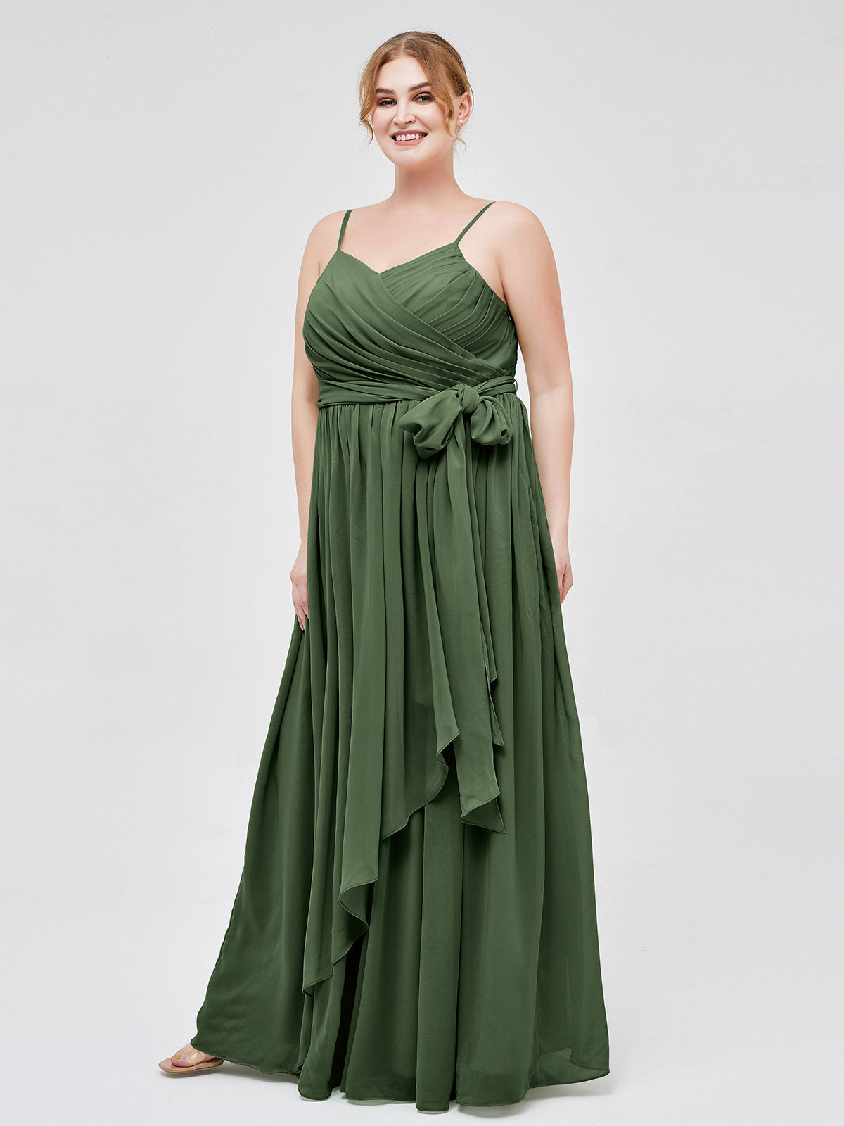 Vestidos de chiffon con tirantes finos y escote en corazón Verde Oliva Tallas Grandes