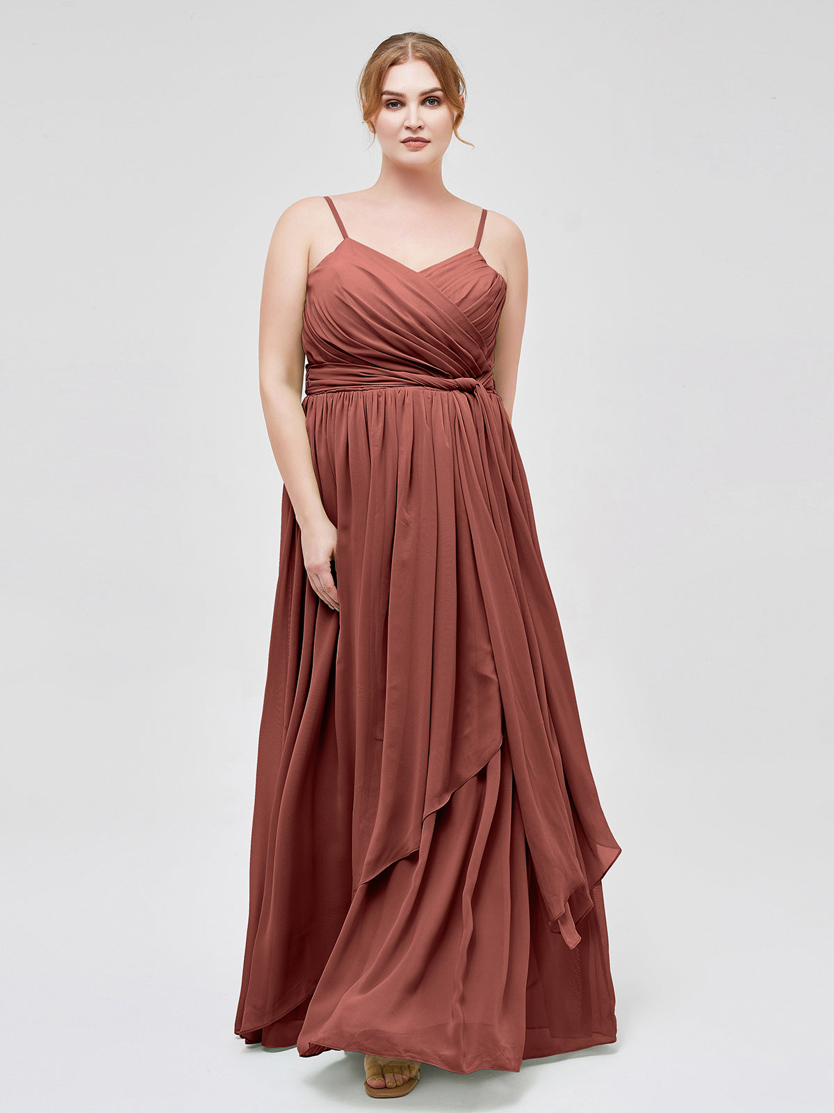 Vestidos de chiffon con tirantes finos y escote en corazón Terracota Tallas Grandes