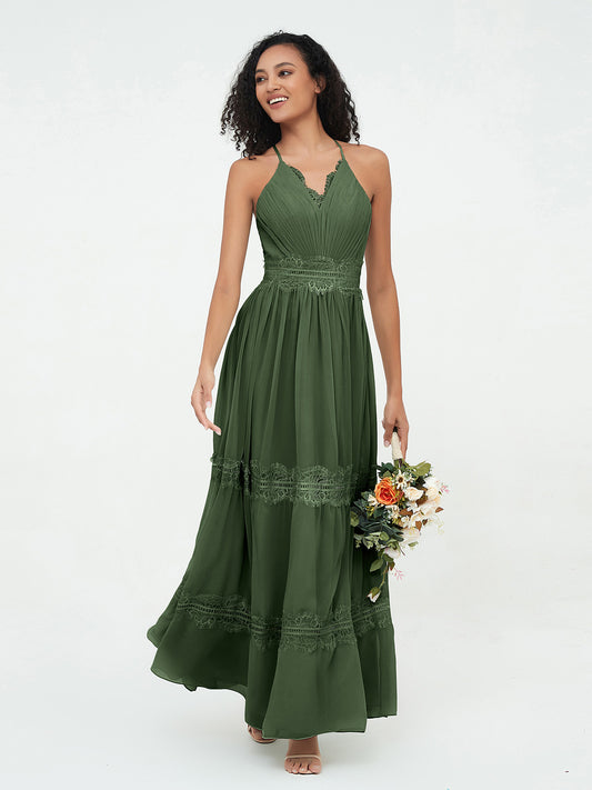 Vestidos boho con falda de encaje y chiffon en capas Verde Oliva