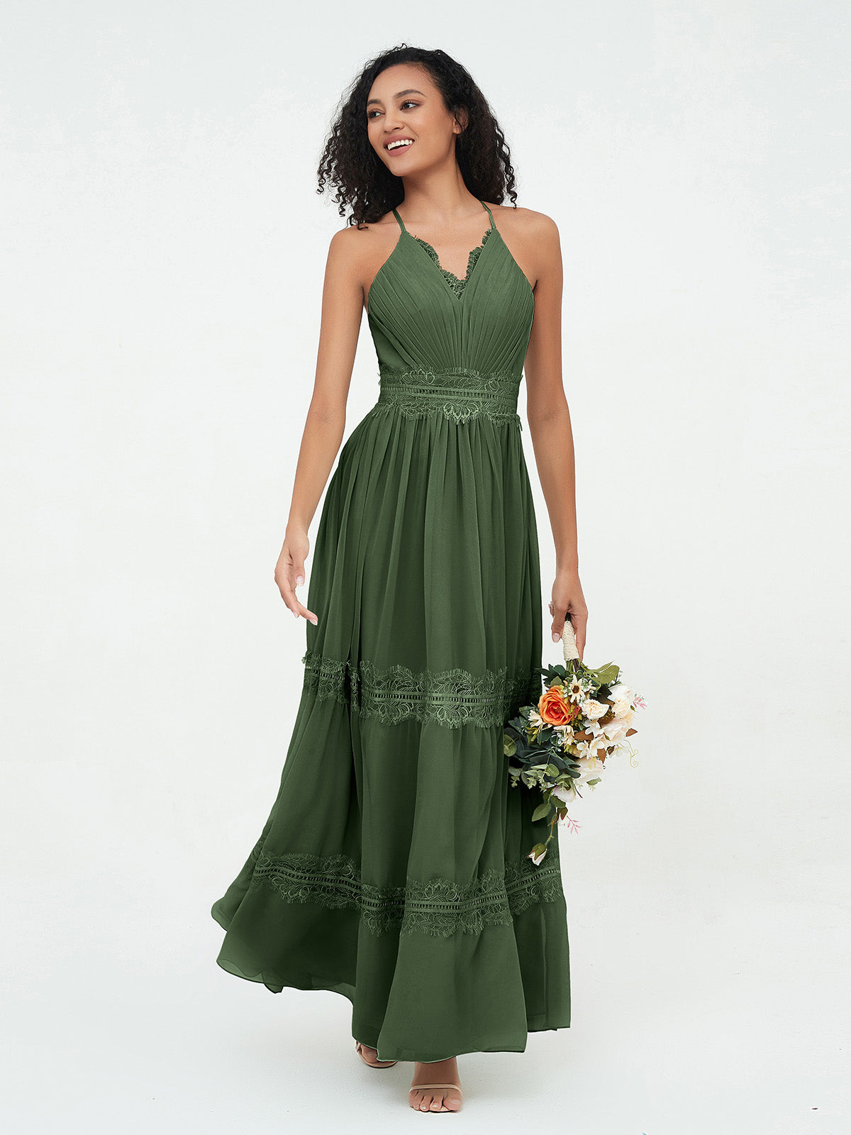 Vestidos boho con falda de encaje y chiffon en capas Verde Oliva Tallas Grandes