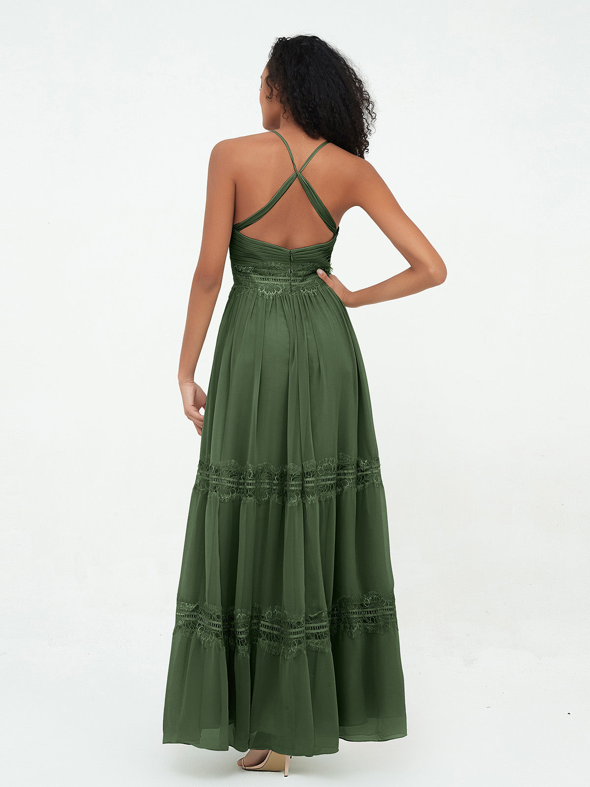 Vestidos boho con falda de encaje y chiffon en capas Verde Oliva