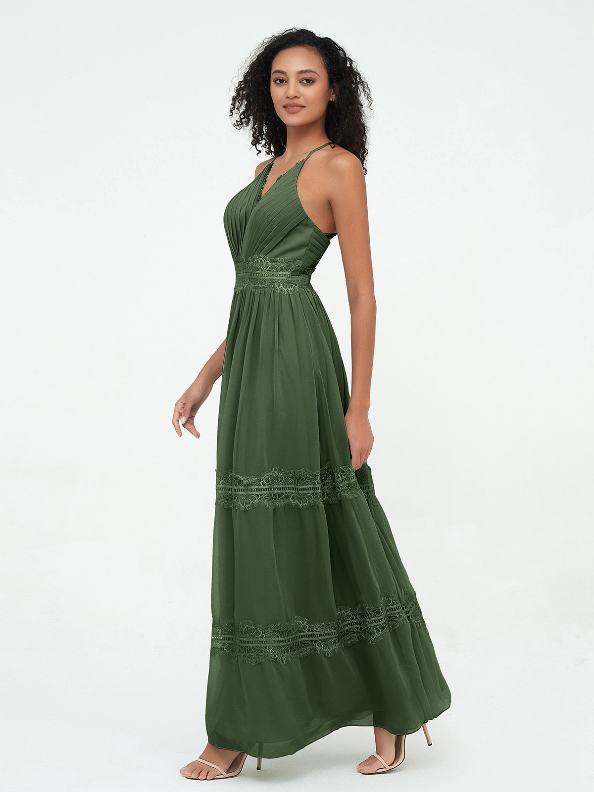 Vestidos boho con falda de encaje y chiffon en capas Verde Oliva Tallas Grandes
