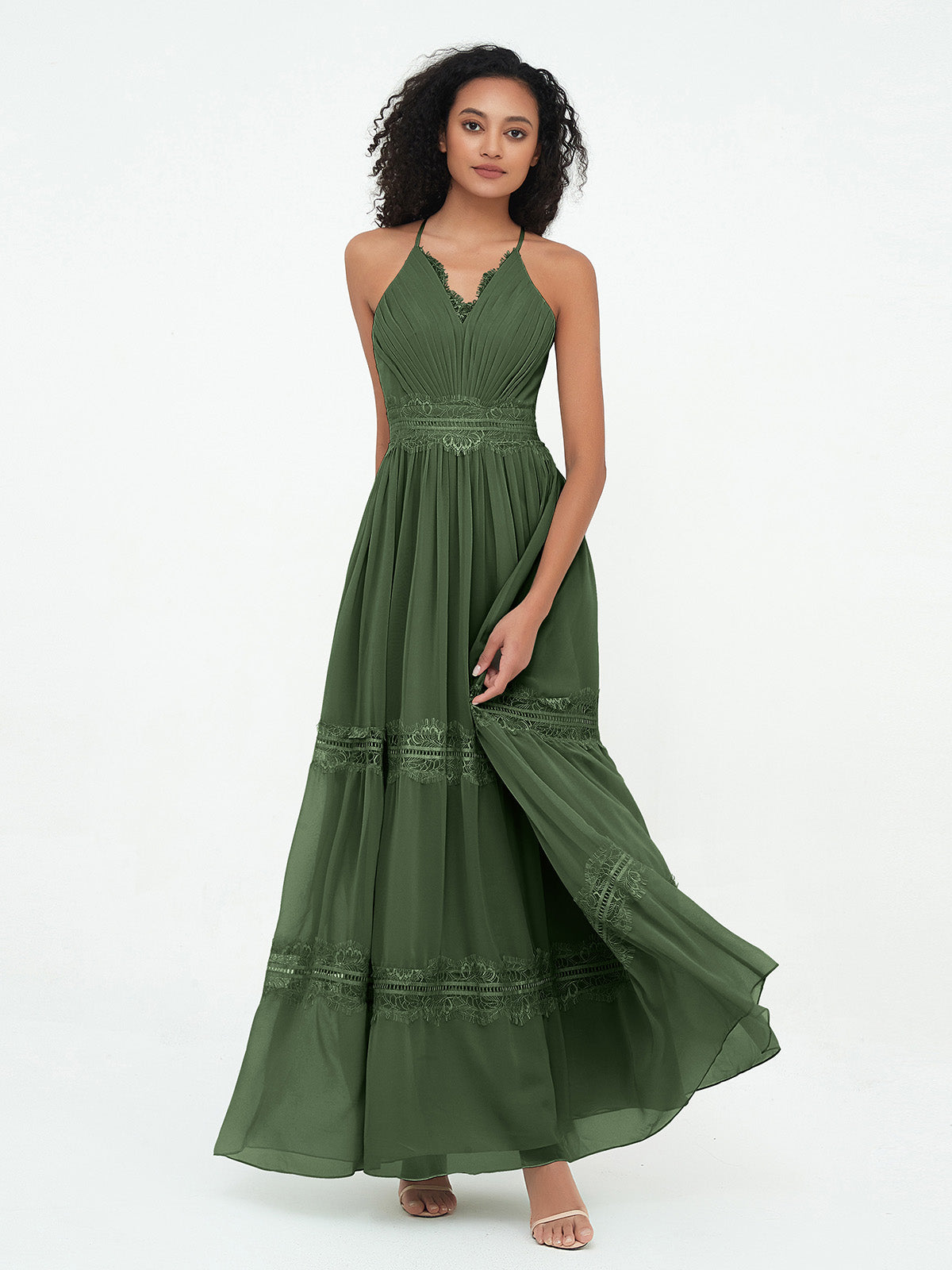 Vestidos boho con falda de encaje y chiffon en capas Verde Oliva Tallas Grandes