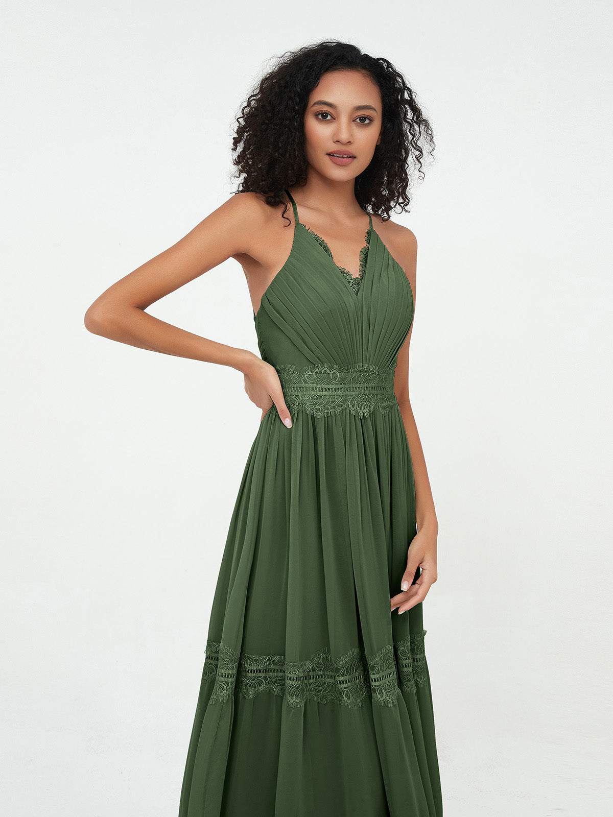 Vestidos boho con falda de encaje y chiffon en capas Verde Oliva