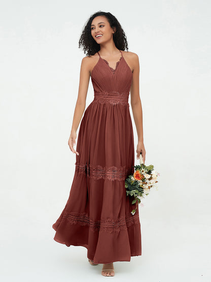 Vestidos boho con falda de encaje y chiffon en capas Terracota