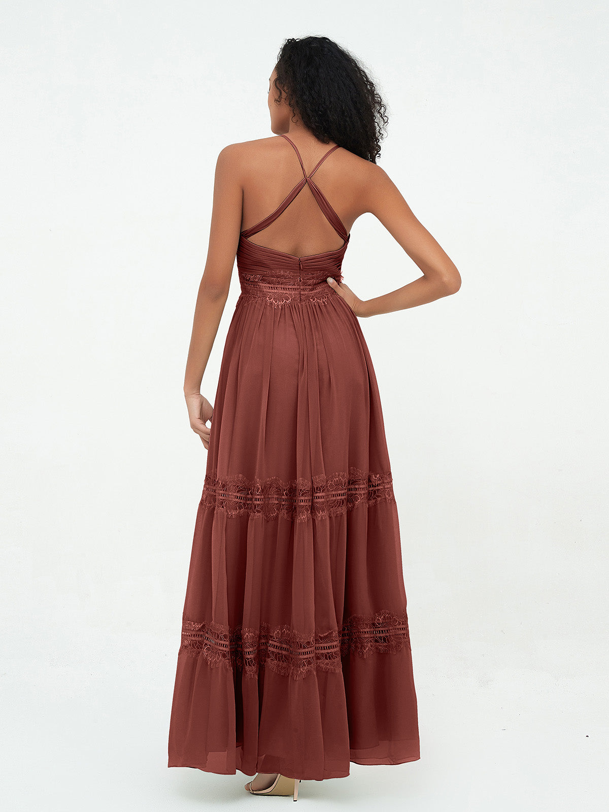Vestidos boho con falda de encaje y chiffon en capas Terracota Tallas Grandes