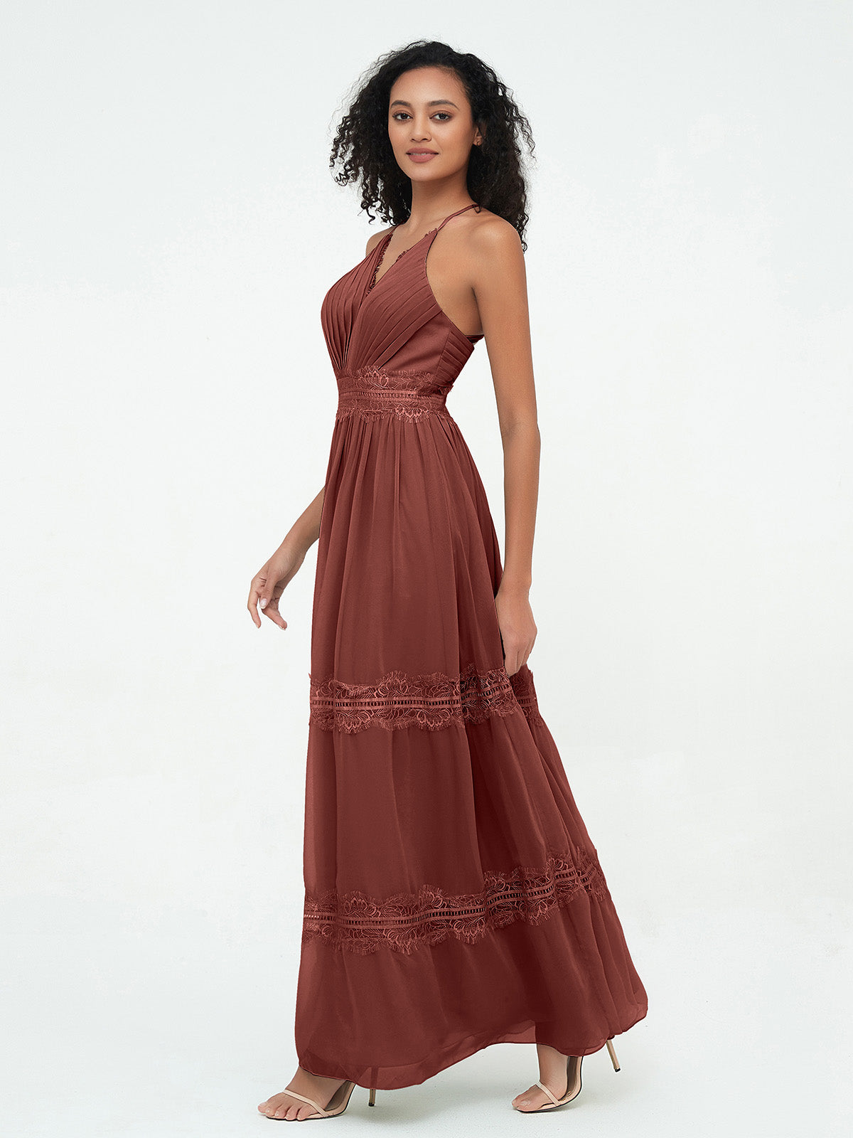 Vestidos boho con falda de encaje y chiffon en capas Terracota