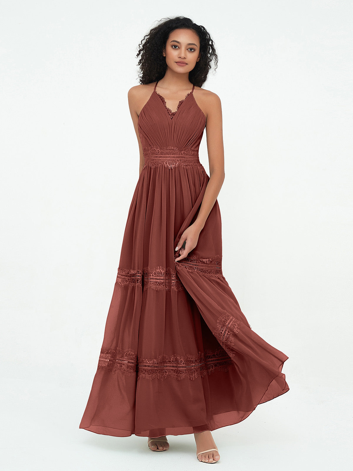 Vestidos boho con falda de encaje y chiffon en capas Terracota Tallas Grandes