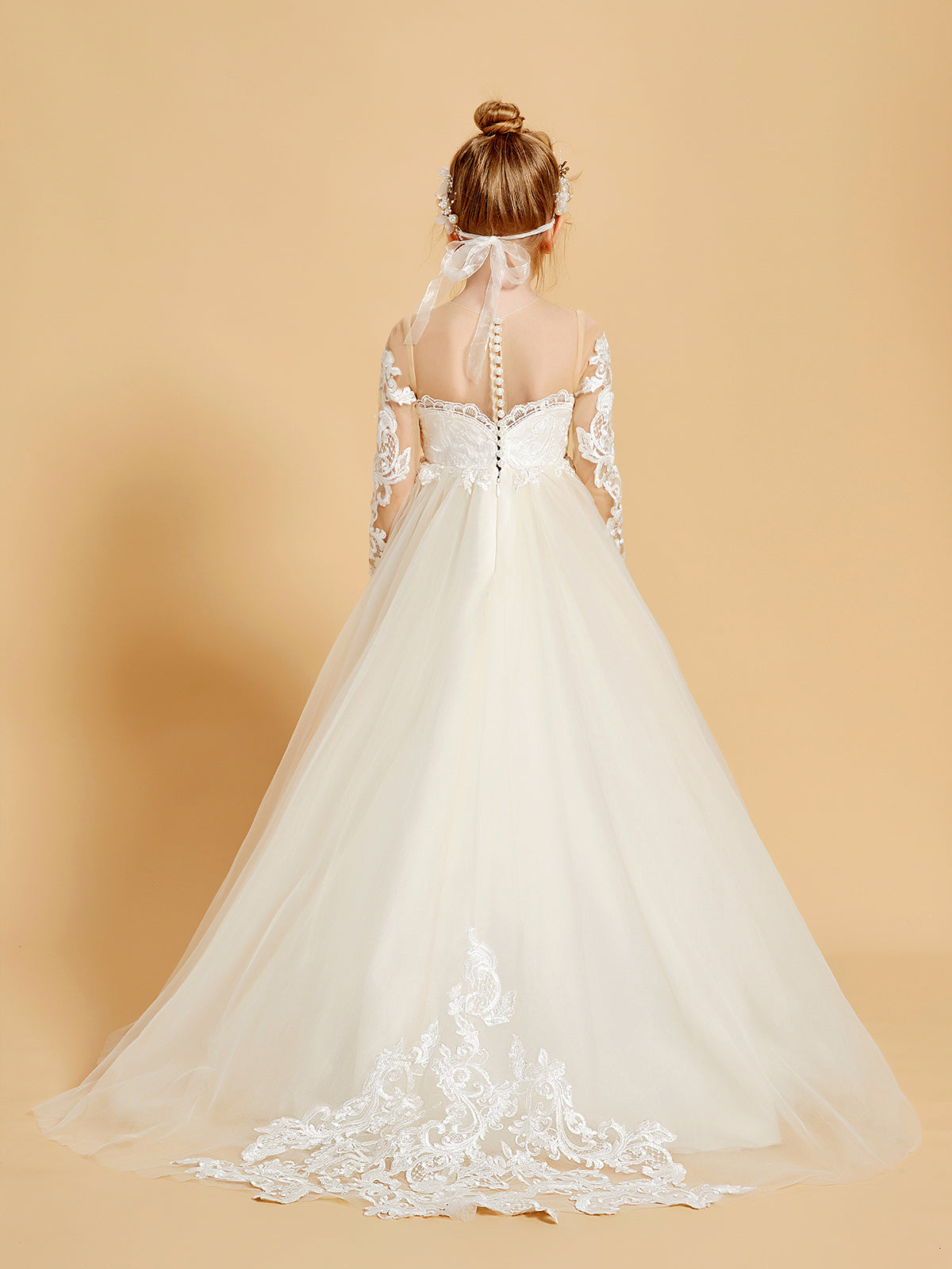 Vestidos De NiñA De Las Flores En Tul Con Apliques De Encaje Y Adornos De Botones