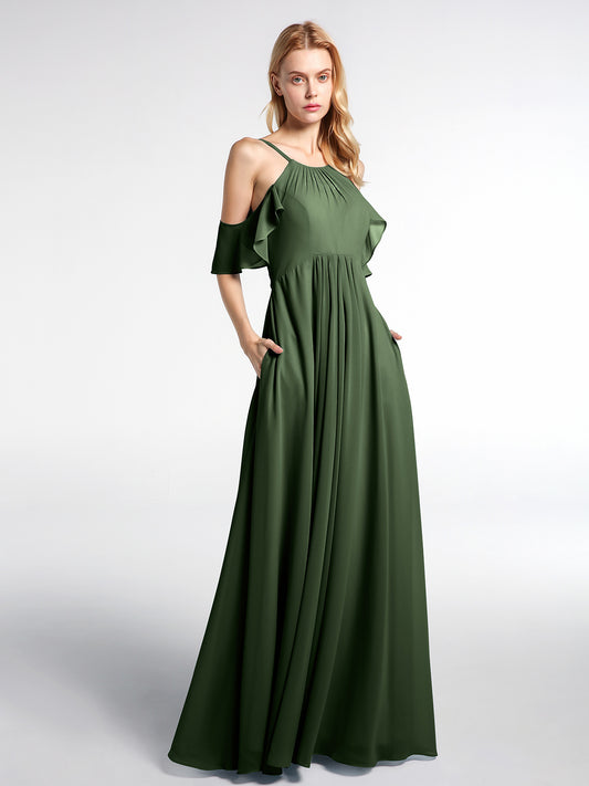 Vestido imperio de chiffon con hombros descubiertos y bolsillos Verde Oliva Tallas Grandes