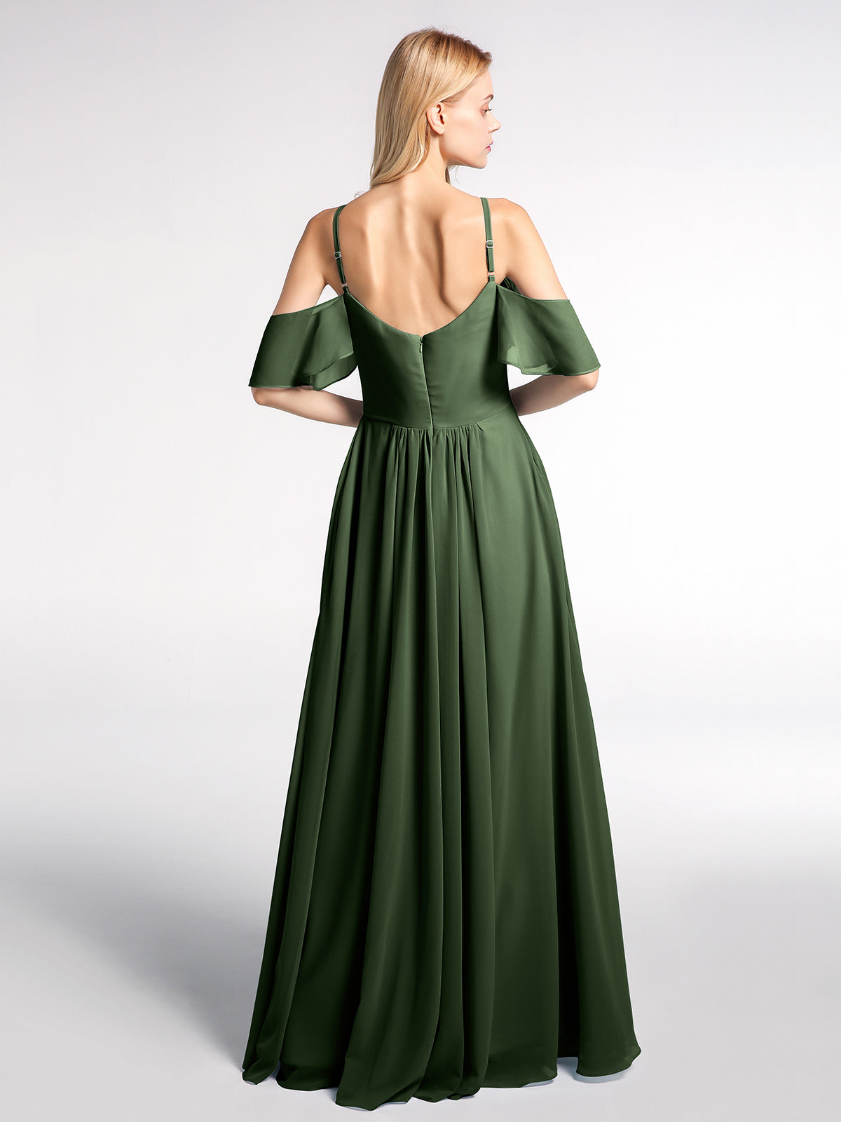 Vestido imperio de chiffon con hombros descubiertos y bolsillos Verde Oliva Tallas Grandes