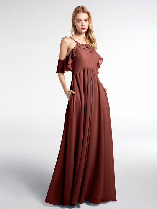 Vestido imperio de chiffon con hombros descubiertos y bolsillos Terracota