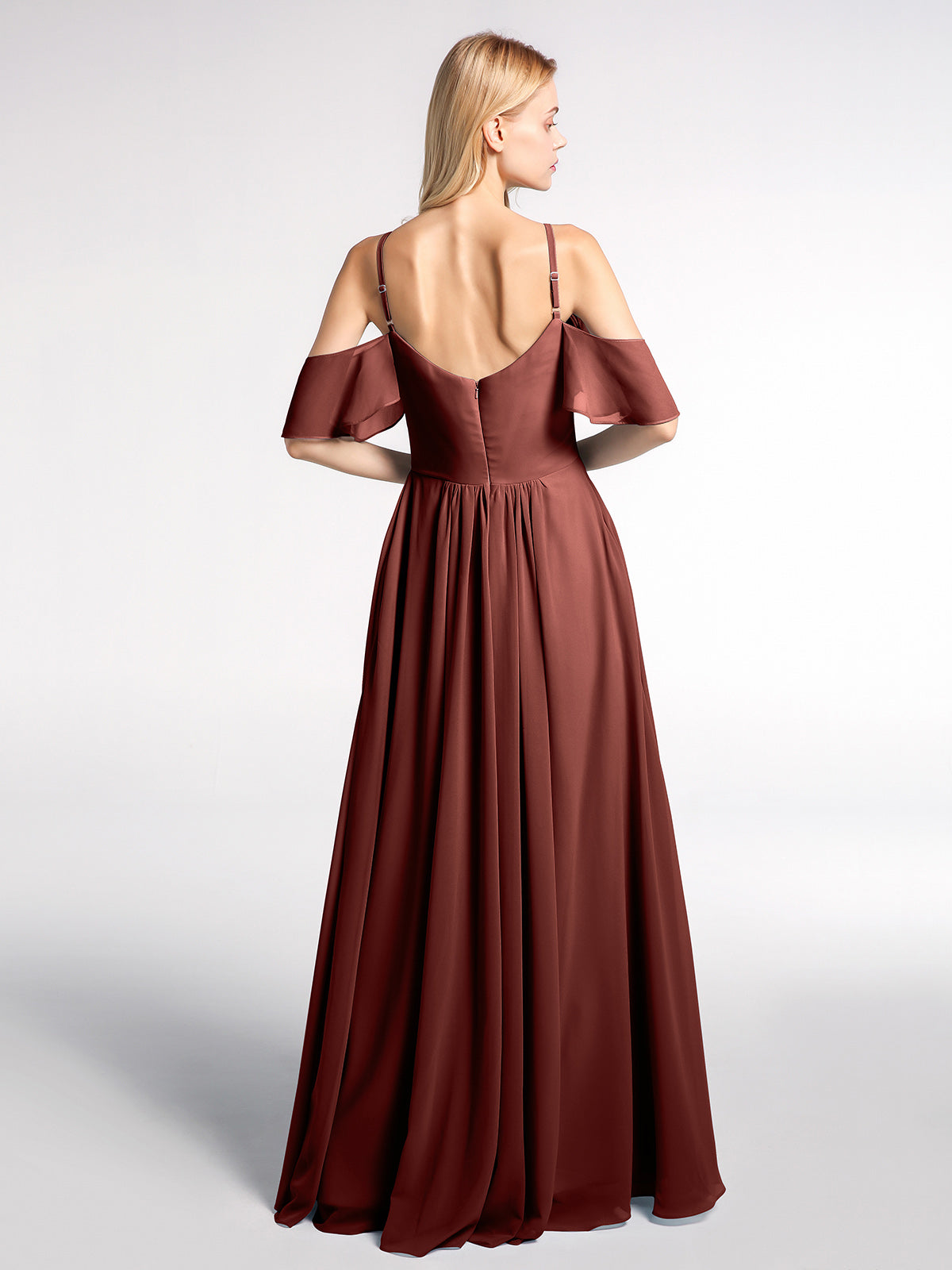 Vestido imperio de chiffon con hombros descubiertos y bolsillos Terracota