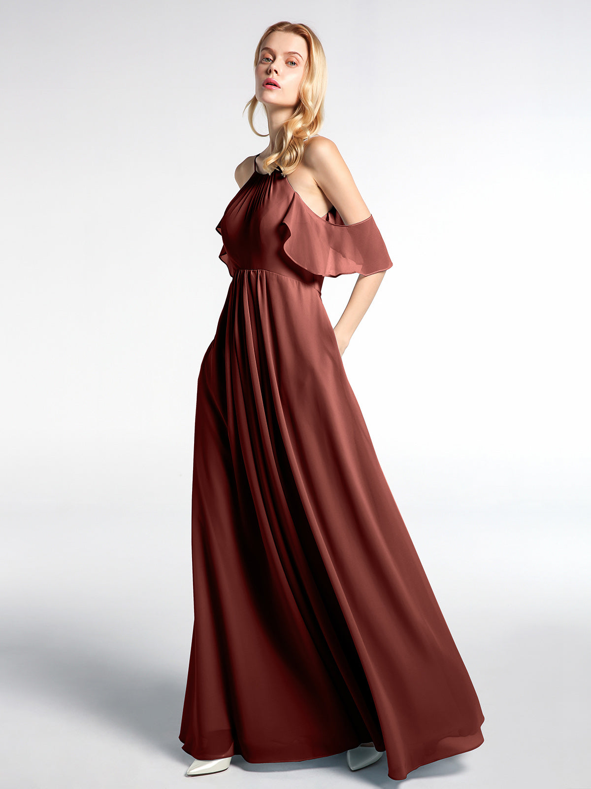 Vestido imperio de chiffon con hombros descubiertos y bolsillos Terracota