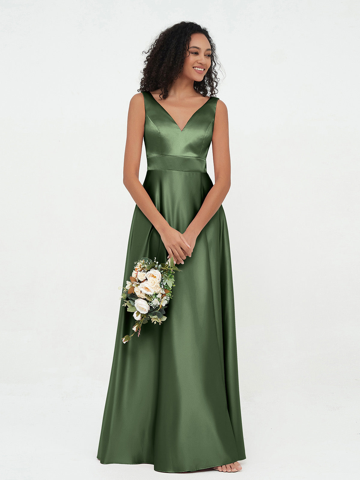Vestidos máximos de satén estilo princesa con escote en V y bolsillos Verde Oliva Tallas Grandes