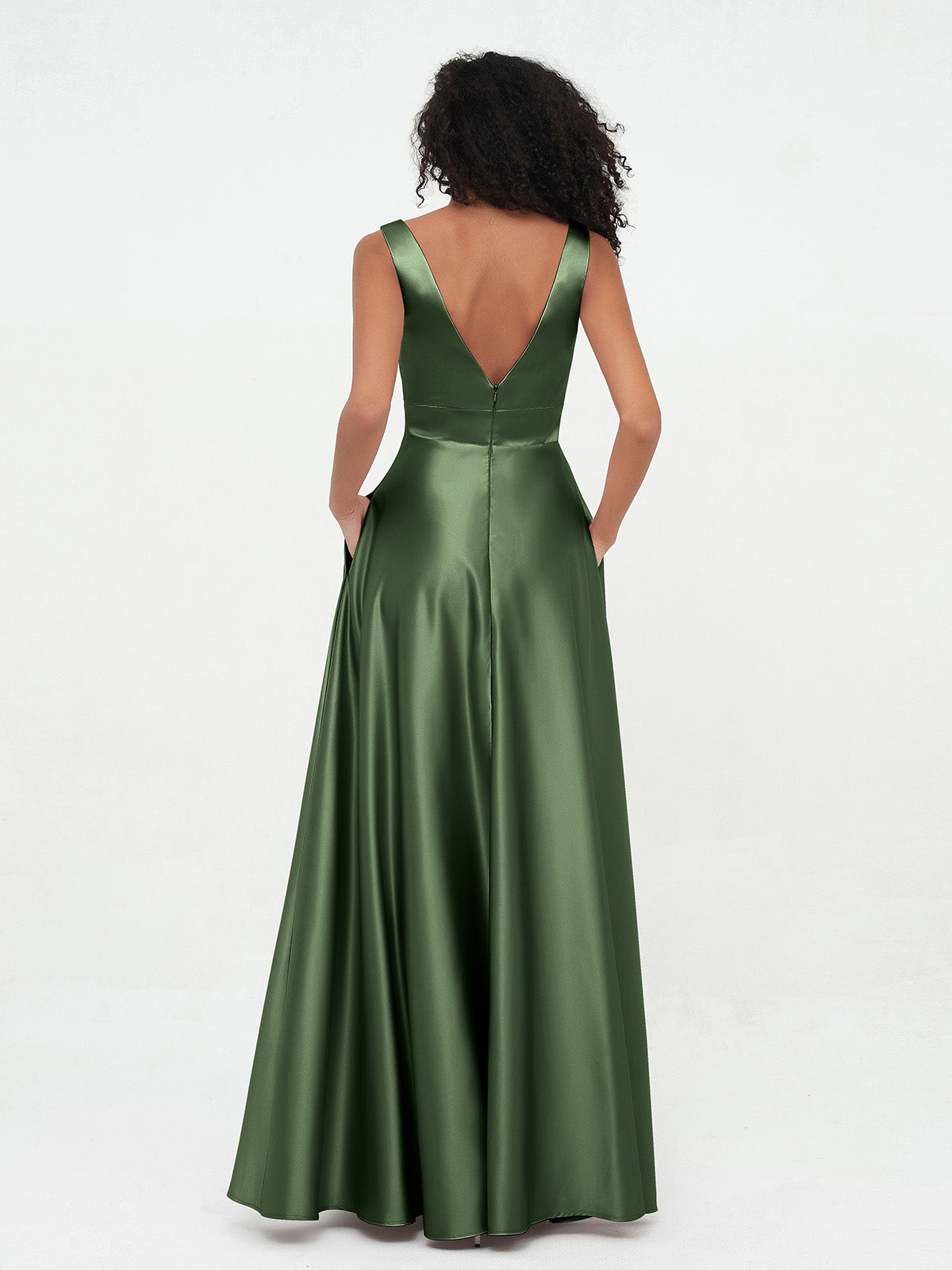 Vestidos máximos de satén estilo princesa con escote en V y bolsillos Verde Oliva Tallas Grandes