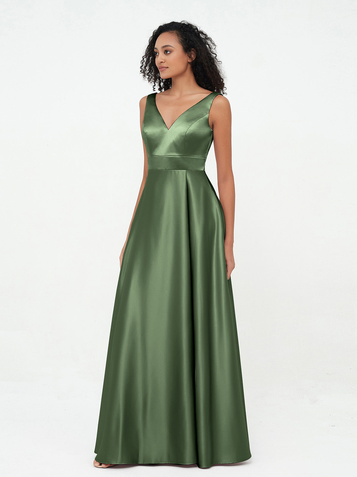 Vestidos máximos de satén estilo princesa con escote en V y bolsillos Verde Oliva Tallas Grandes