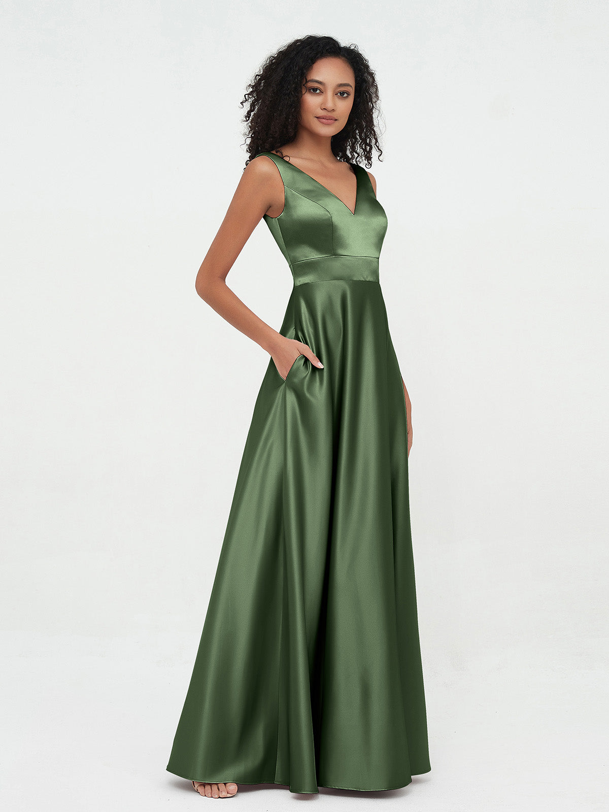 Vestidos máximos de satén estilo princesa con escote en V y bolsillos Verde Oliva Tallas Grandes
