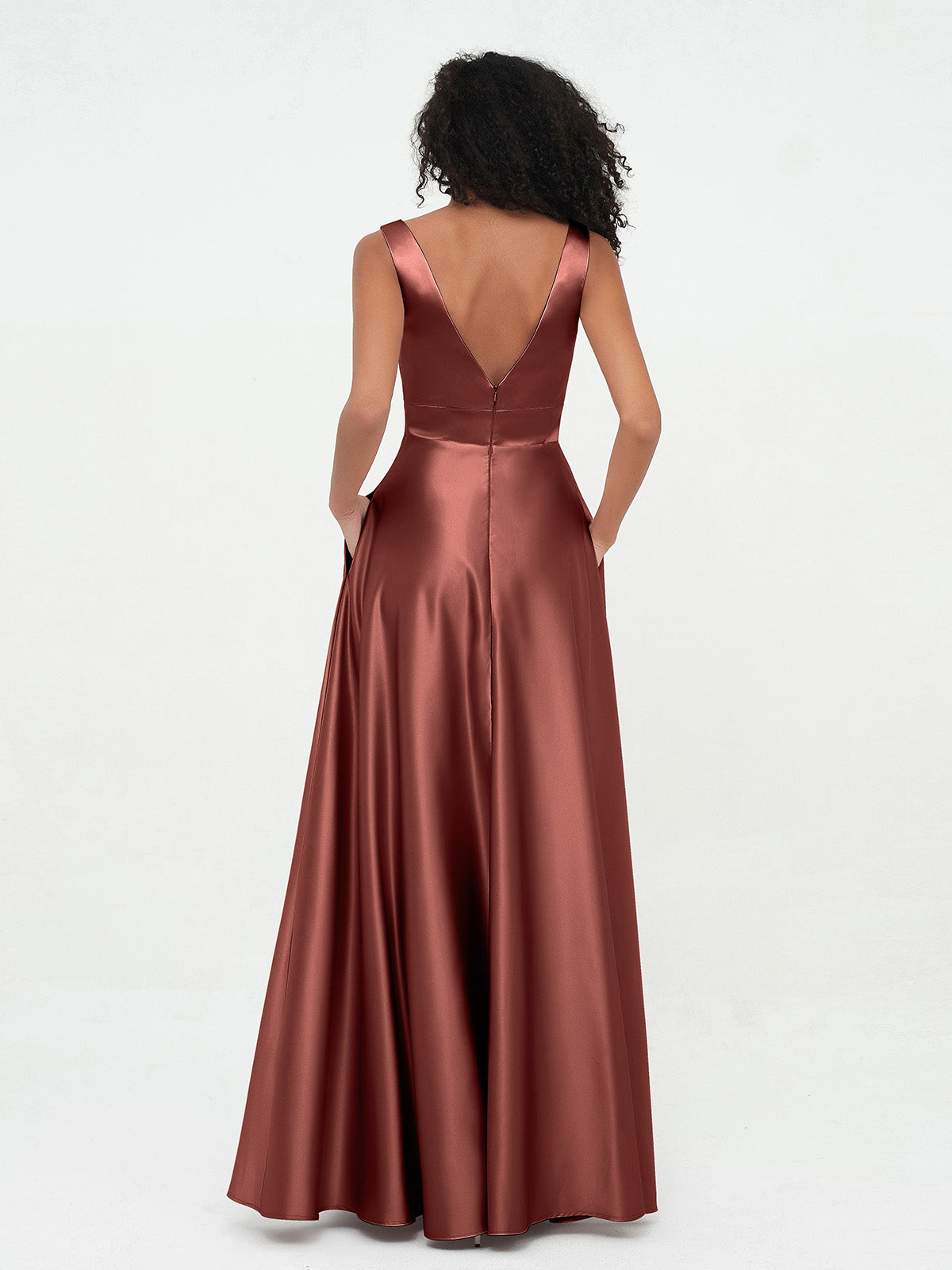 Vestidos máximos de satén estilo princesa con escote en V y bolsillos Terracota Tallas Grandes