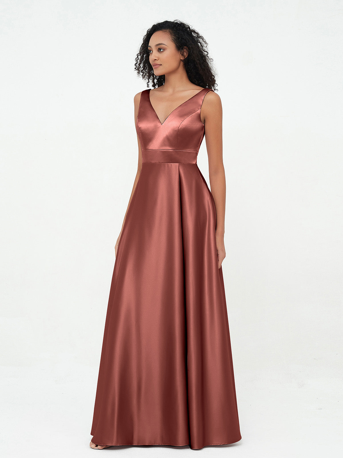 Vestidos máximos de satén estilo princesa con escote en V y bolsillos Terracota Tallas Grandes