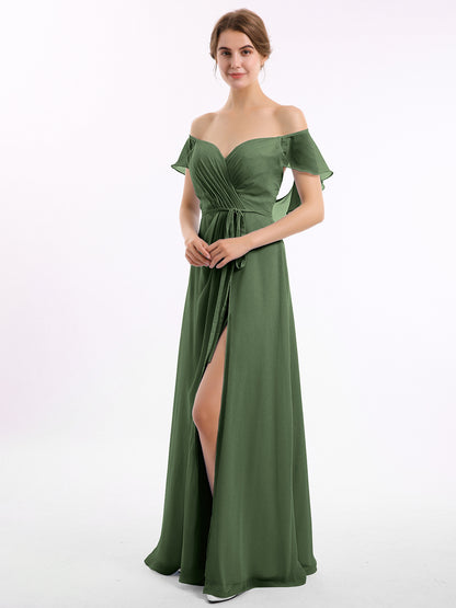 Vestidos de dama de honor de chiffon con mangas cap y abertura Verde Oliva