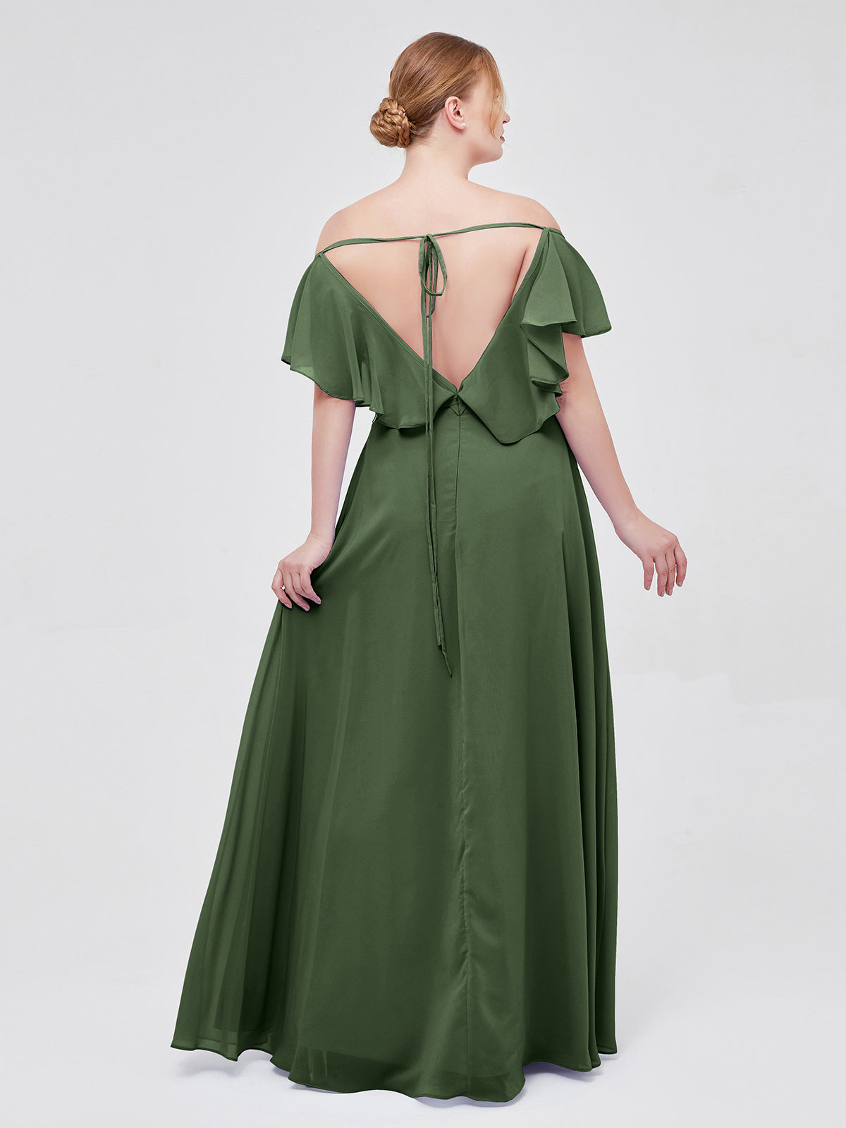 Vestidos de dama de honor de chiffon con mangas cap y abertura Verde oliva Tallas Grandes