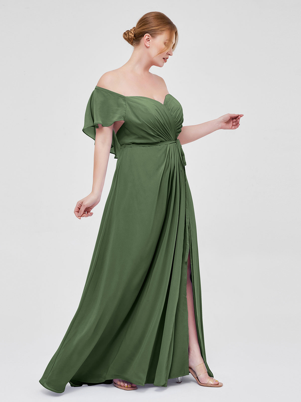 Vestidos de dama de honor de chiffon con mangas cap y abertura Verde oliva Tallas Grandes