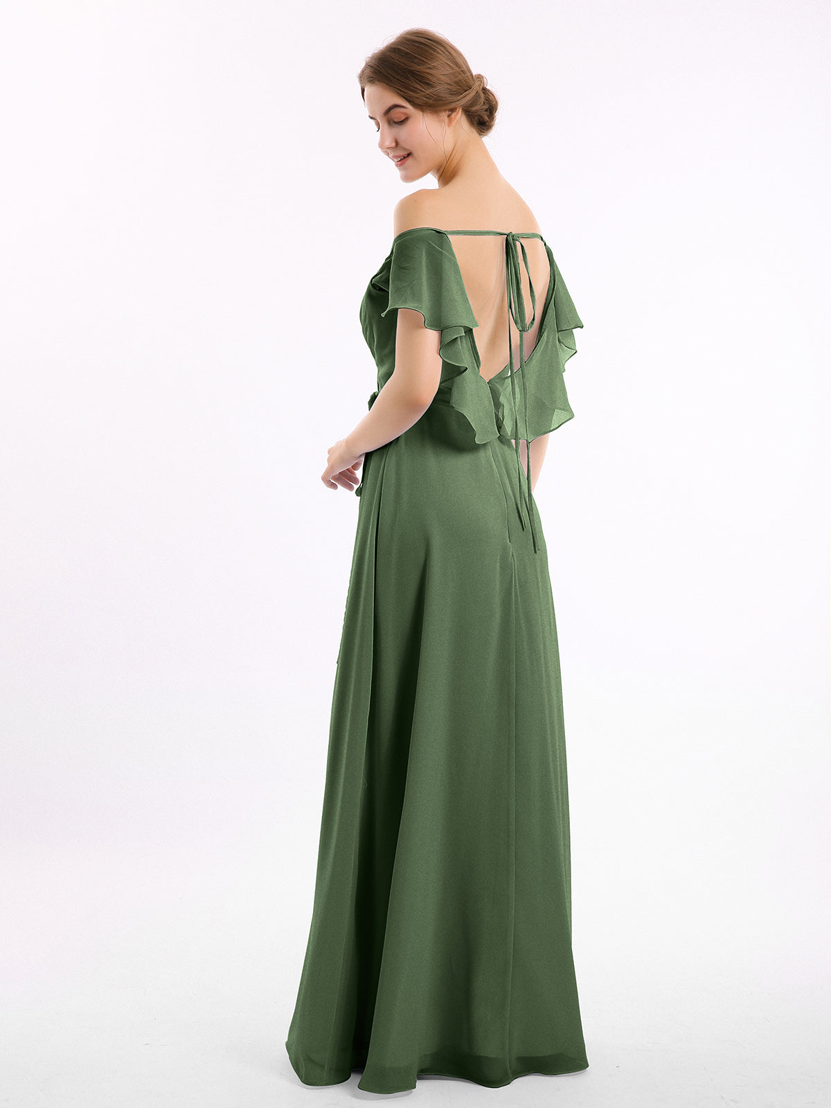 Vestidos de dama de honor de chiffon con mangas cap y abertura Verde Oliva