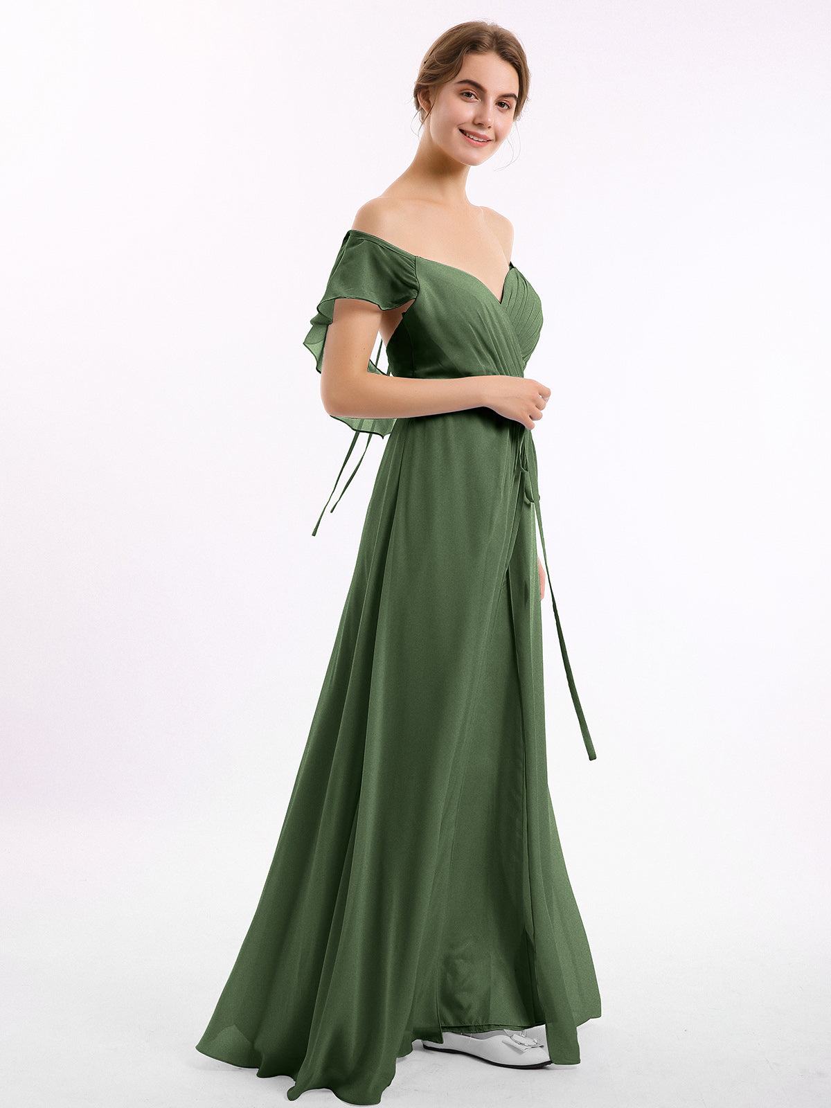 Vestidos de dama de honor de chiffon con mangas cap y abertura Verde Oliva