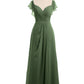 Vestidos de dama de honor de chiffon con mangas cap y abertura Verde oliva Tallas Grandes