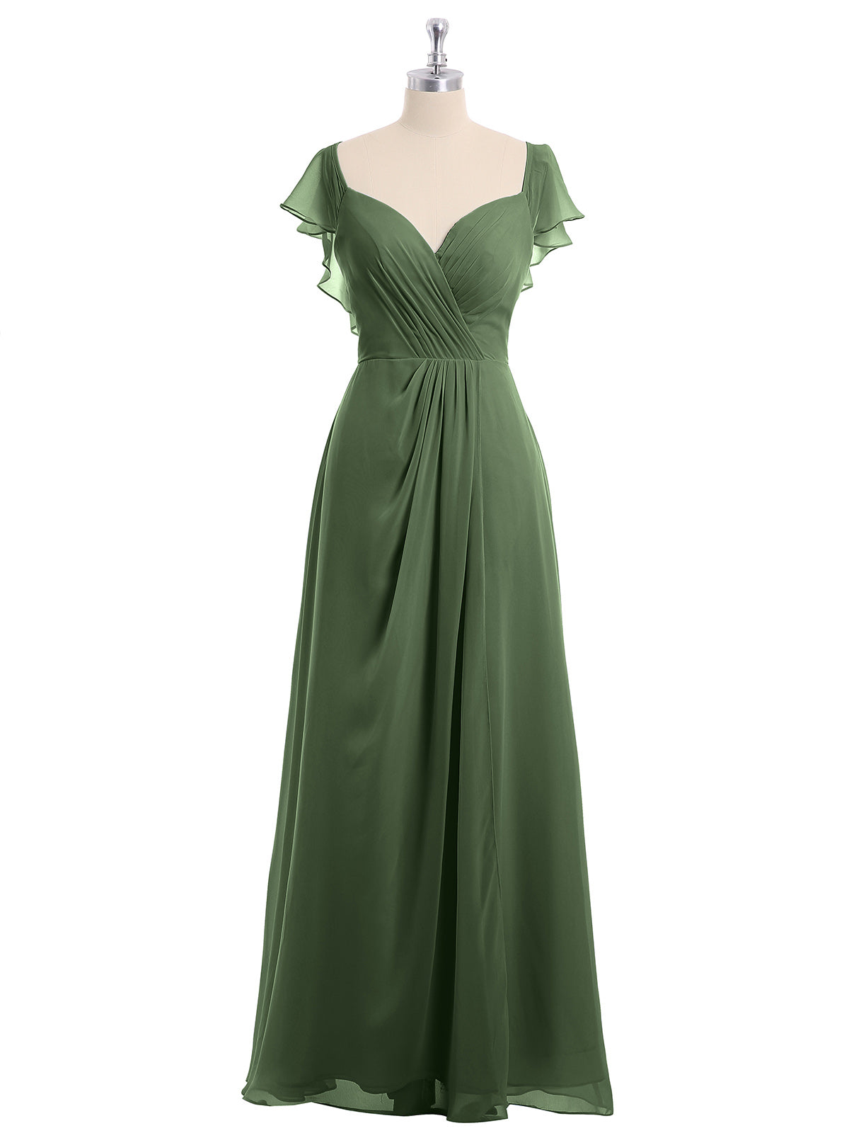 Vestidos de dama de honor de chiffon con mangas cap y abertura Verde oliva Tallas Grandes