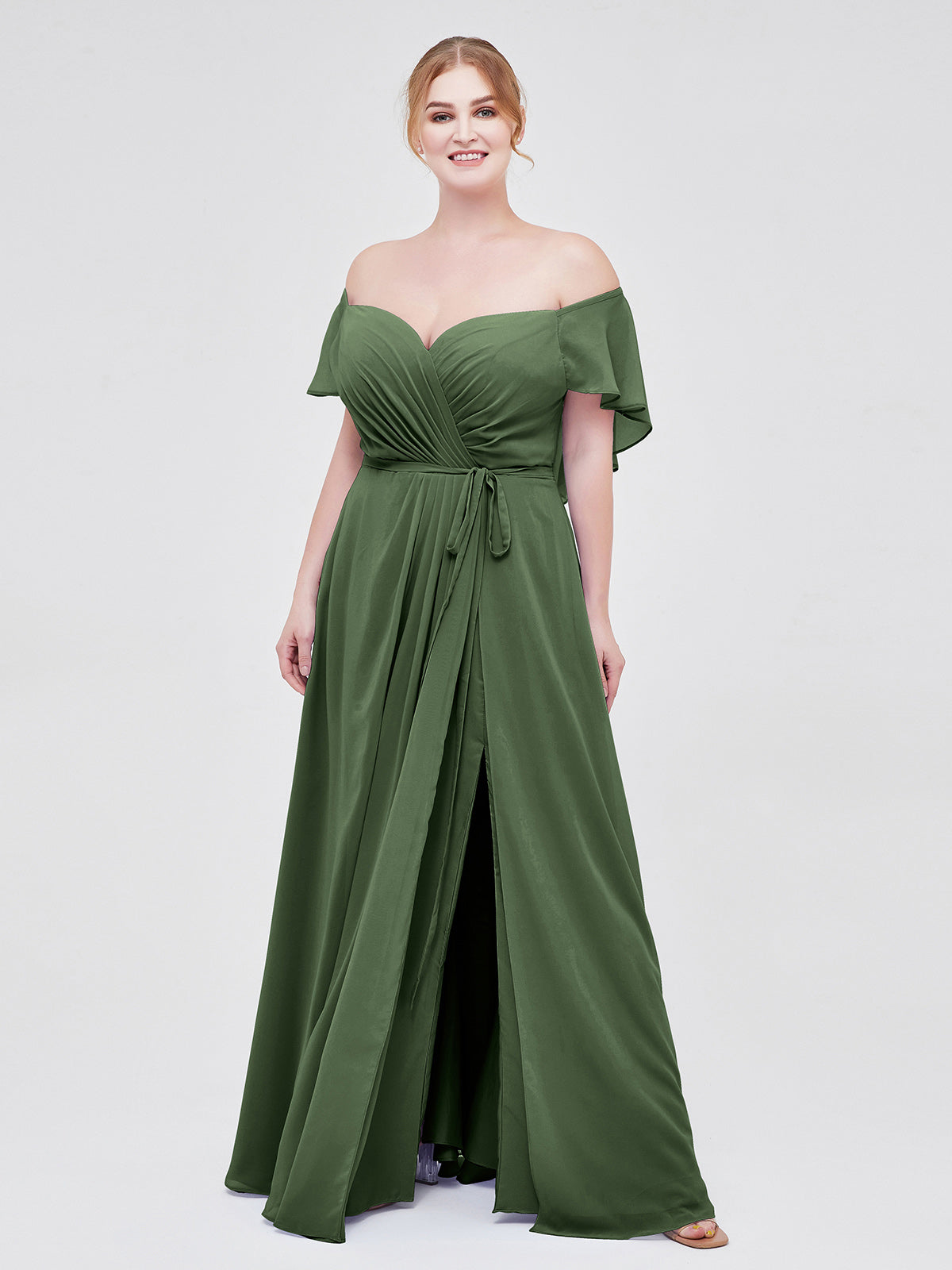 Vestidos de dama de honor de chiffon con mangas cap y abertura Verde oliva Tallas Grandes