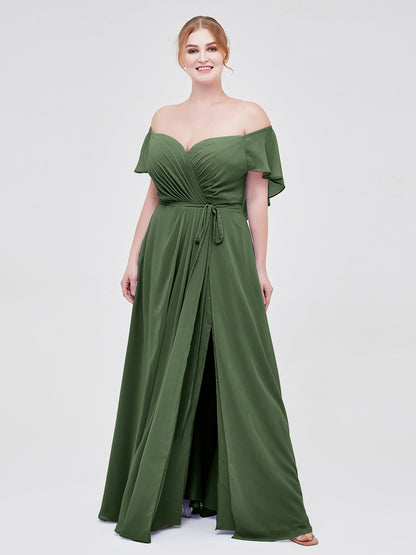 Vestidos de dama de honor de chiffon con mangas cap y abertura Verde oliva Tallas Grandes