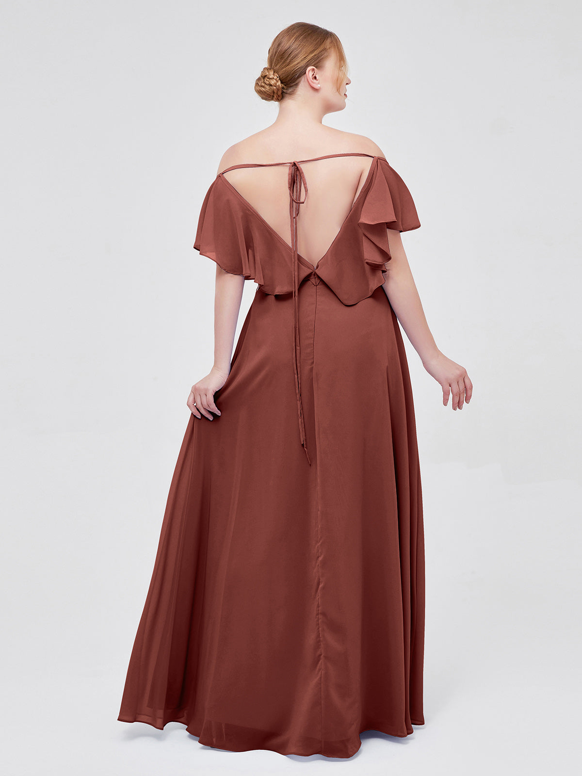 Vestidos de dama de honor de chiffon con mangas cap y abertura Terracota Tallas Grandes