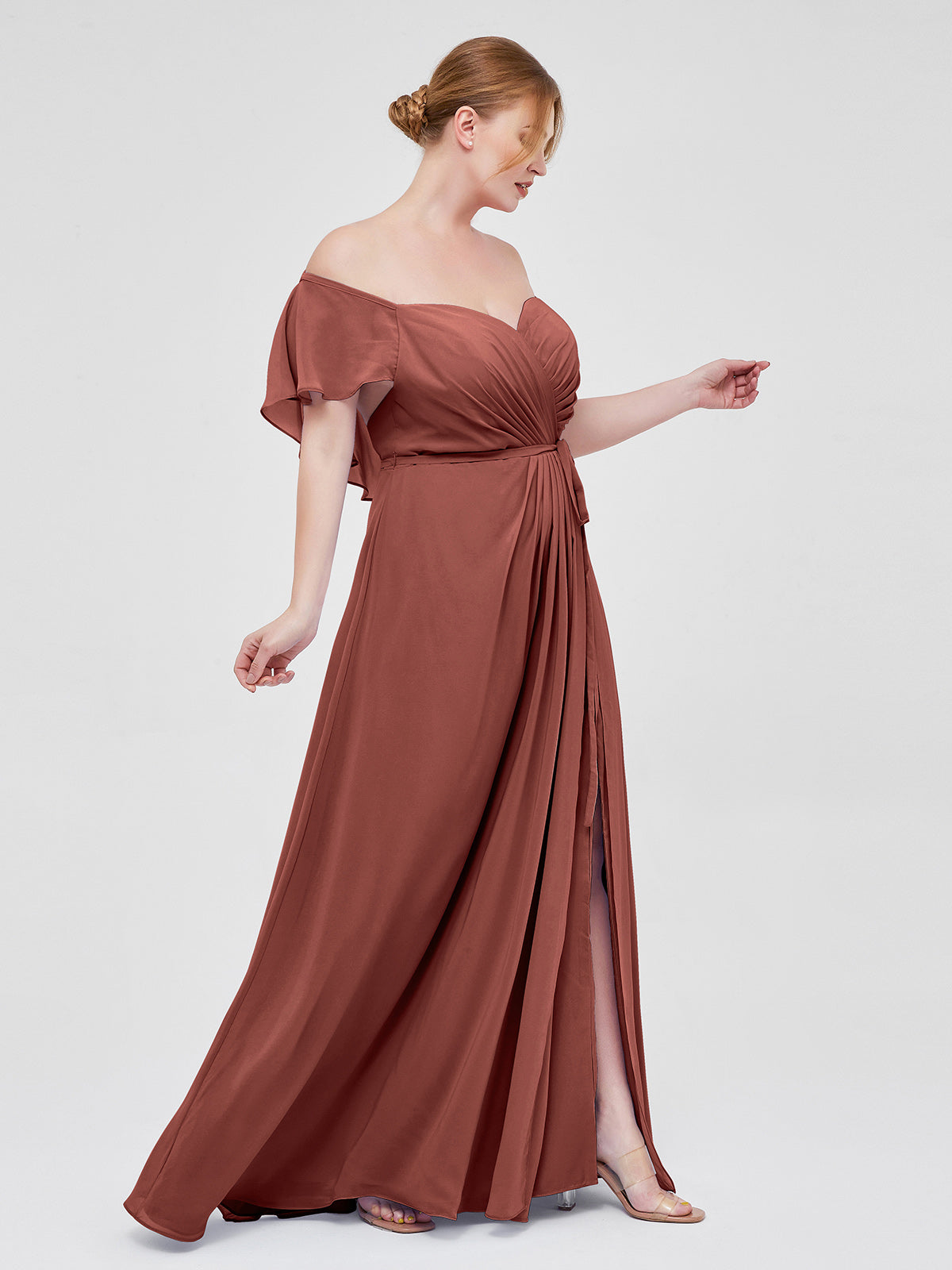Vestidos de dama de honor de chiffon con mangas cap y abertura Terracota Tallas Grandes