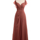 Vestidos de dama de honor de chiffon con mangas cap y abertura Terracota Tallas Grandes