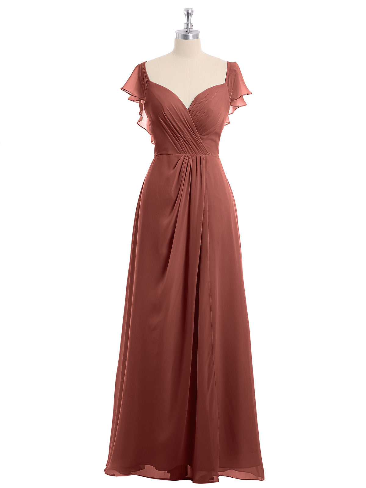 Vestidos de dama de honor de chiffon con mangas cap y abertura Terracota Tallas Grandes