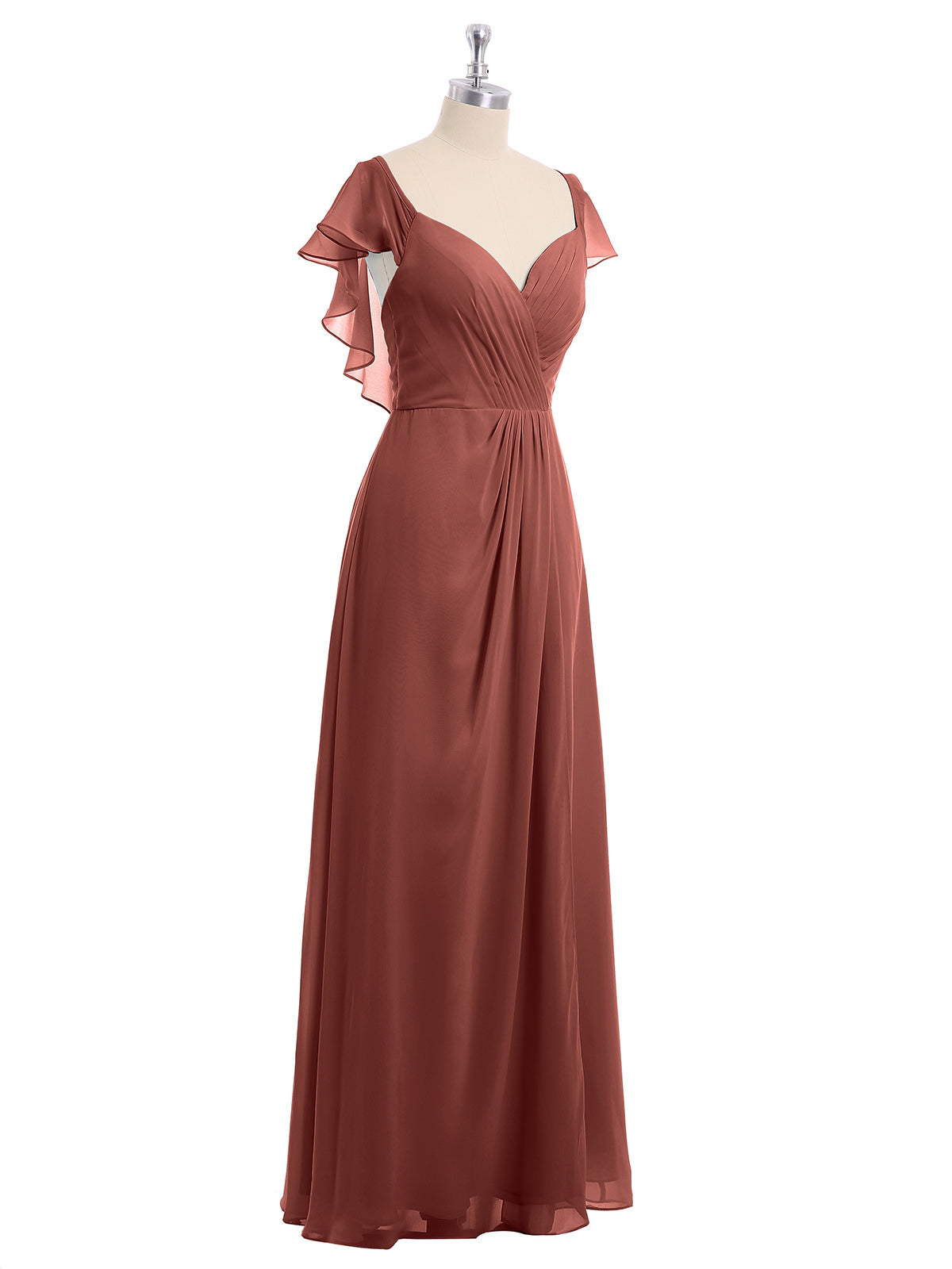 Vestidos de dama de honor de chiffon con mangas cap y abertura Terracota Tallas Grandes