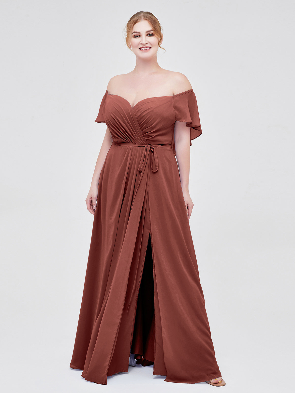 Vestidos de dama de honor de chiffon con mangas cap y abertura Terracota Tallas Grandes