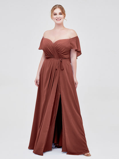 Vestidos de dama de honor de chiffon con mangas cap y abertura Terracota Tallas Grandes
