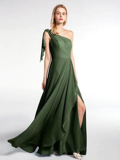 Vestido maxi de chiffon de un solo hombro con detalle en cascada Verde Oliva Tallas Grandes