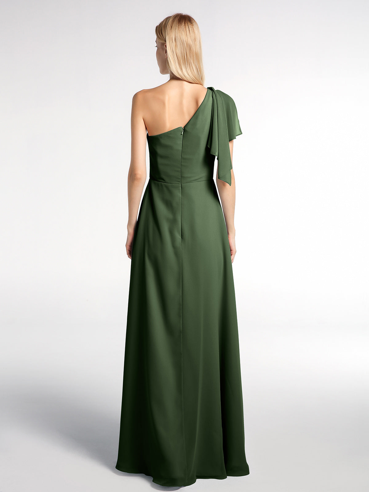 Vestido maxi de chiffon de un solo hombro con detalle en cascada Verde Oliva Tallas Grandes