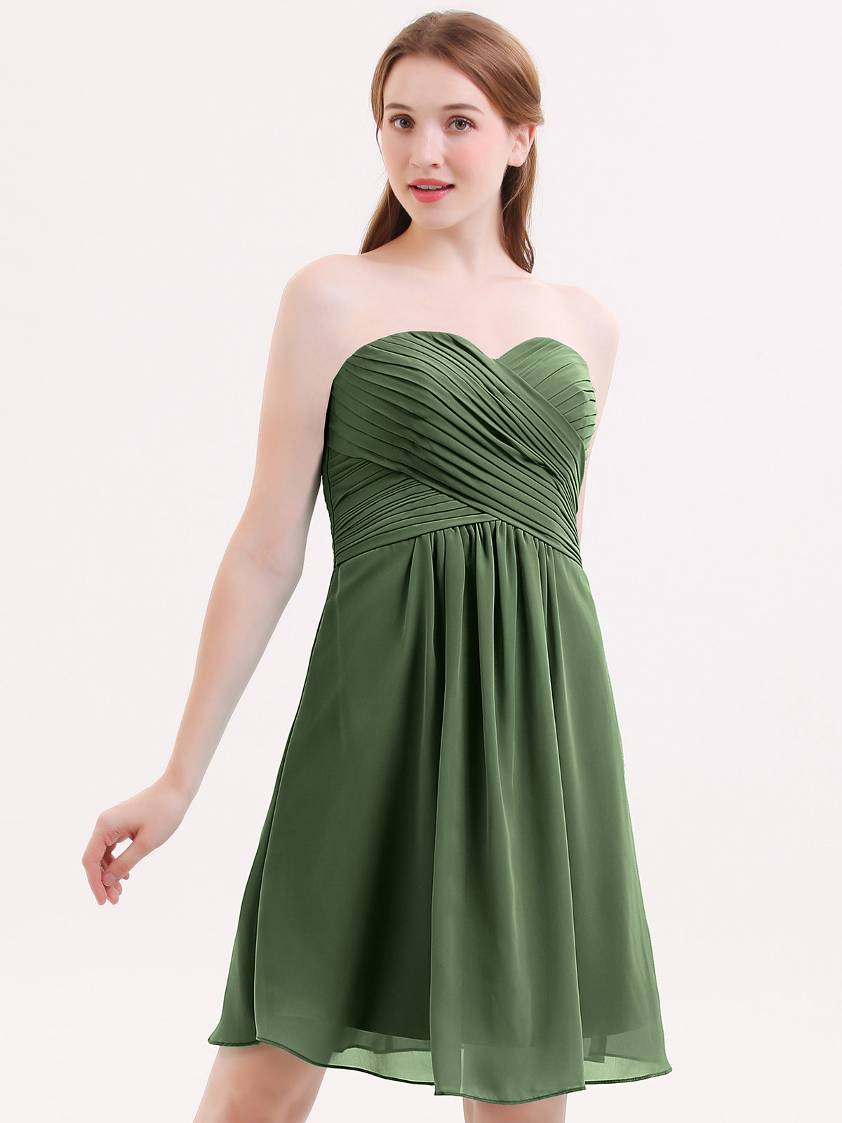 Samantha Sin Tirante Novio Corto Vestido De Dama De Honor Verde Oliva