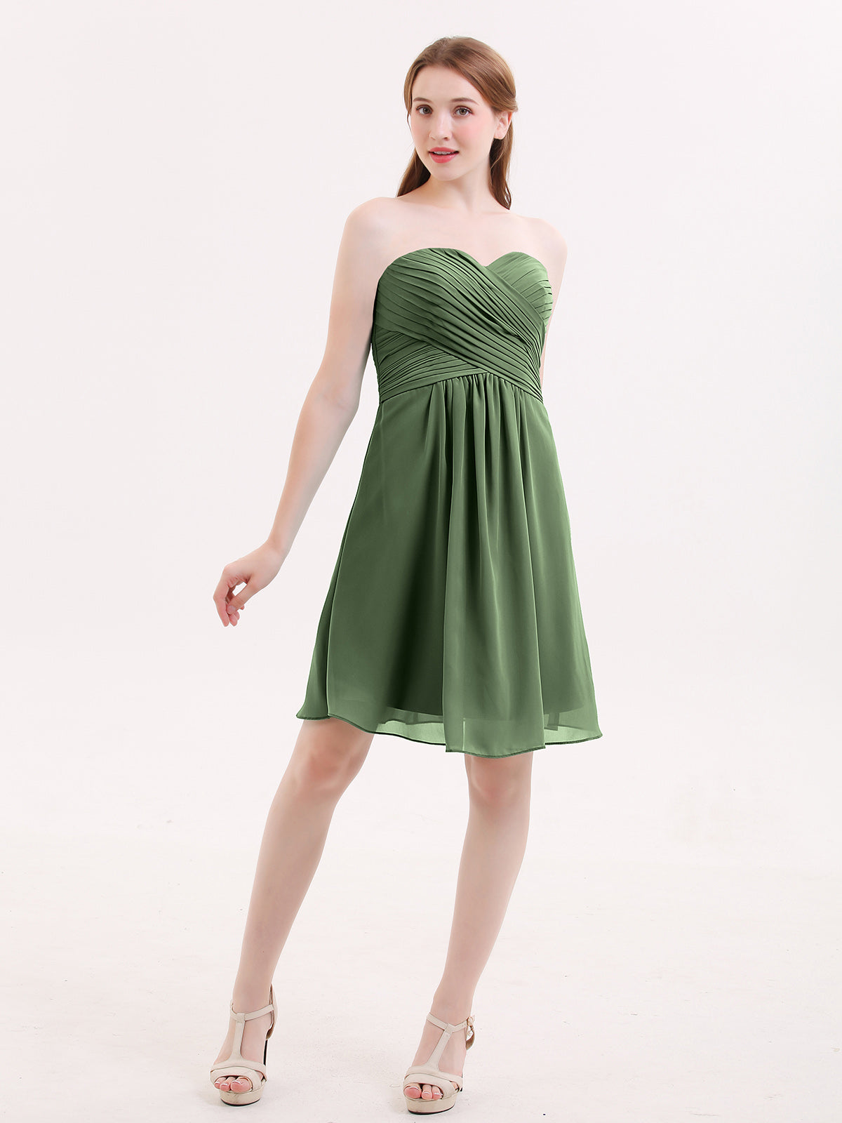 Samantha Sin Tirante Novio Corto Vestido De Dama De Honor Verde Oliva Tallas Grandes