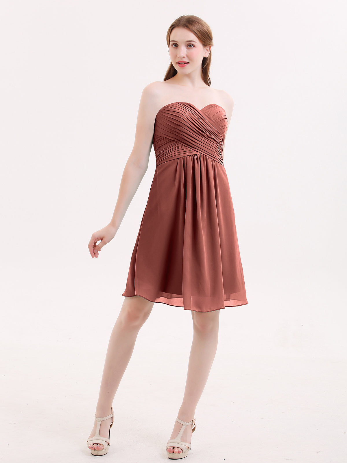 Samantha Sin Tirante Novio Corto Vestido De Dama De Honor Terracota Tallas Grandes