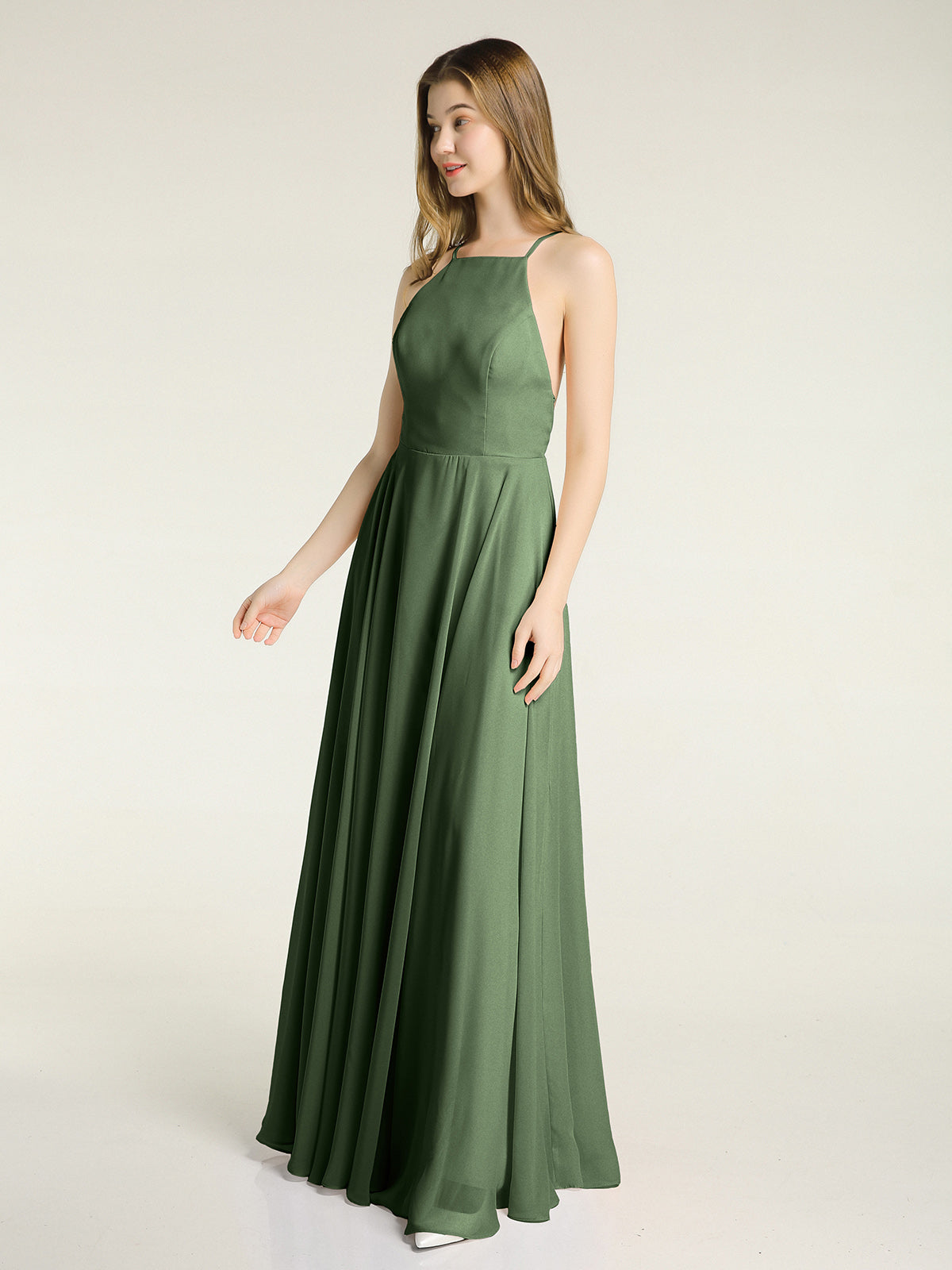 Vestidos sencillos de dama de honor de chiffon con espalda baja Verde Oliva Tallas Grandes
